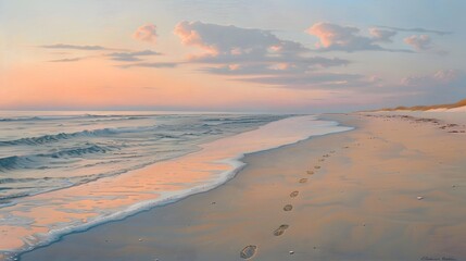 Wall Mural - A tranquil beach at dawn, with gentle waves lapping onto the soft sand. The background features a pastel-hued horizon where the first light of day meets the calm sea.