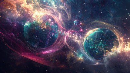 Wall Mural - Surreal and Luminous Planetary Orbs Amidst Dreamlike Cosmic Forces and Ethereal Textures