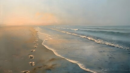 Wall Mural - A tranquil beach at dawn, with gentle waves lapping onto the soft sand. The background features a pastel-hued horizon where the first light of day meets the calm sea.