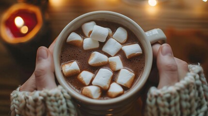 Close up shot of a person's hands stirring hot chocolate in a mug, with marshmallows