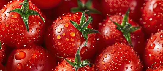 Aufkleber - Close up image of fresh red cherry tomatoes with water droplets featuring ample copy space