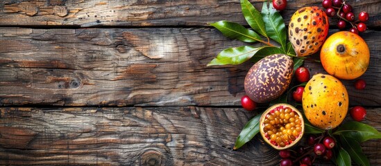 Poster - Fresh Granadilla and Tamarind fruits on a wooden background Top view with copy space image available