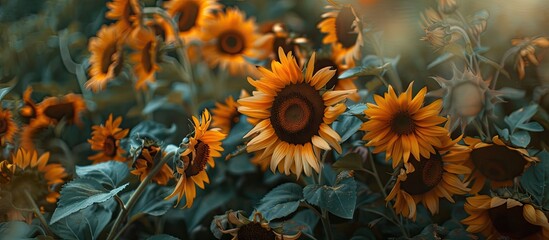 Aufkleber - Sunflowers displayed against a lush garden backdrop creating a serene copy space image