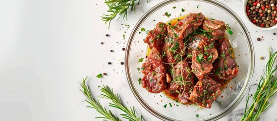 Poster - A glass pan containing pork meat seasoned with herbs and spices on white background top view with copy space image