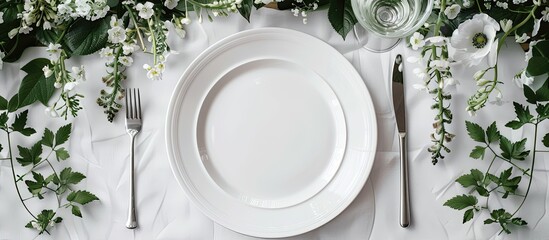 Poster - A chic table arrangement featuring a pristine white plate surrounded by silver cutlery and delicate flowers creating an elegant composition with copy space image