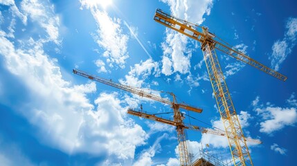 Poster - Close up view of yellow construction cranes against a blue sky with white clouds and text space Selective focus photo