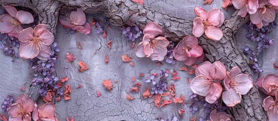 Poster - Top down view of a wide composition featuring pink flowers and purple dried petals on a tree background ideal for a Women s Day greeting card with space for text or images. copy space available