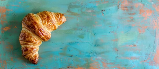 Poster - Rustic image of a croissant against a blue background with copy space for text a fresh bakery sweet perfect for a healthy dessert or snack
