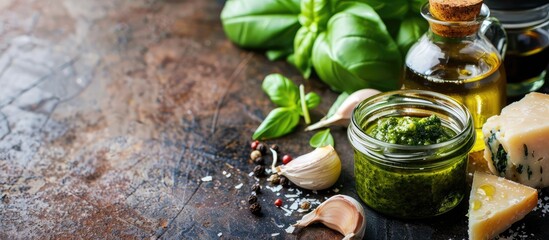 Wall Mural - Rustic setting featuring a jar of homemade pesto sauce accompanied by parmesan cheese olive oil fresh basil and garlic with a spacious copy space image