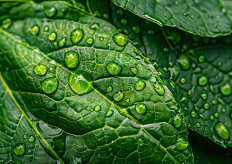 Wall Mural - green leaf with water drops close up. abstract nature background, green banner. eco concept