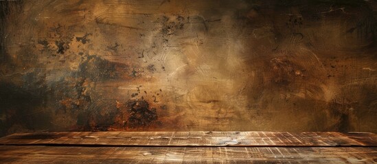Poster - Wooden table on a textured grunge background ideal for use as a copy space image