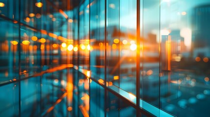 Wall Mural - blurred glass wall with modern office building background banner, blurred cityscape and sunlight in 