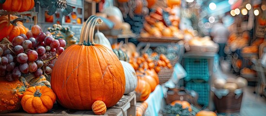Poster - Concept of fall feasts and markets with an orange pumpkin in a shopping setting featuring a thematic display with copy space image