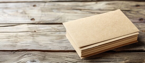 Fototapete - Card holder with blank kraft business cards on light wooden table background with copy space image