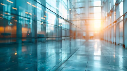 Wall Mural - blurred glass wall with modern office building background banner, blurred cityscape and sunlight in 