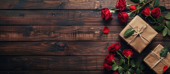 Poster - Valentine s Day greeting card concept with red roses and a gift box on a rustic wooden backdrop ideal for custom text. copy space available