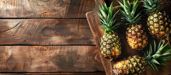 Poster - Pineapple on a cutting board displayed on a wooden table with ample copy space image