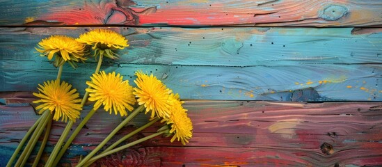 Aufkleber - Yellow dandelions displayed on a colorful wooden backdrop with copy space image available