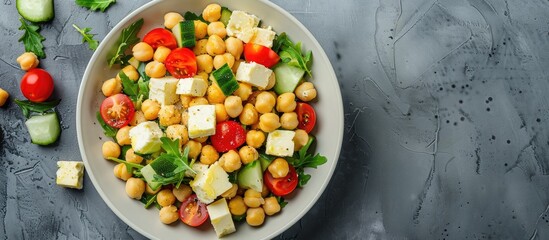 Poster - Top down view of a homemade vegan chickpea salad featuring fresh vegetables and vegan cheese with available copy space in the image