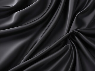 Black silk background with dark luxurious fabric draped texture folds in waves of flowing soft pattern, abstract satin or velvet cloth in luxury material design. ai