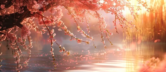 Aufkleber - Pink sakura blossoms and willow branches create a serene scene with a copy space image