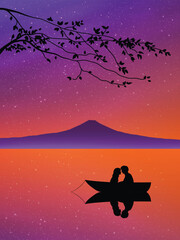 Sticker - Lovers in boat. Mountain and branches under romantic night starry sky