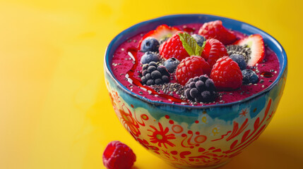 Wall Mural - Colorful Acai Bowl with Fresh Berries and Chia Seeds in a Vibrant Patterned Bowl on Yellow Background