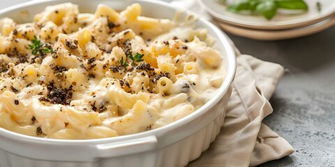 Wall Mural - Rich creamy black truffle mac and cheese a gourmet comfort food. Concept Gourmet mac and cheese, Black truffle, Creamy sauce, Comfort food, Indulgent dish