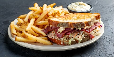 Canvas Print - Delicious Reuben sandwich with golden fries and coleslaw on isolated plate. Concept Food Photography, Sandwich Presentation, Comfort Food, Culinary Delight, Appetizing Dish