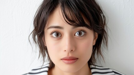 Close-up portrait of a young woman with short black hair and a serious expression, wearing a striped shirt against a white background.