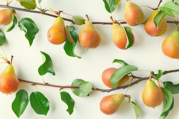 Wall Mural - A bunch of pears hanging from a branch with green leaves