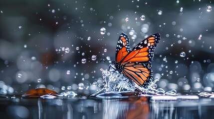 Wall Mural - Vibrant Butterfly Emerging from Water Splash on Rainy Day