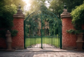 tunnel path secret architecture red ancient gate middle black iron garden outdoor entrance old entry green stone brick wall door arch arched