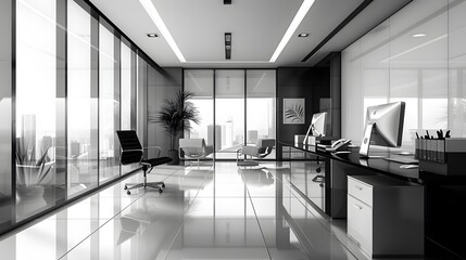 Wall Mural - Sleek modern office space with glass-topped desks, ergonomic chairs, and minimalist black and white decor. providing ample copy space for corporate branding.