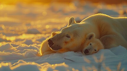 Poster - Polar Bear Cub Sleeping with Mother in Golden Light