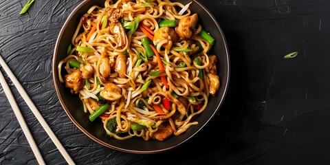 Poster - Stirfried noodles with veggies and chicken. Concept Recipes, Stir-fry, Noodles, Veggies, Chicken