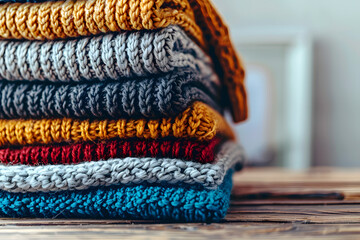 Poster - stack of knitted textured clothing on table colorful winter clothes warm apparel heap of knitwear