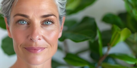 Poster - Close-Up Portrait of Mature Woman with Green Plants Background Emphasizing Skincare. Concept Portrait Photography, Mature Women, Green Plants Background, Skincare Emphasis, Close-Up Shots