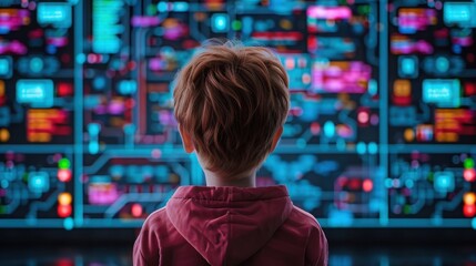 Young child sits in front of a vibrant, futuristic computer screen full of colorful digital data, representing technology and the future of learning.