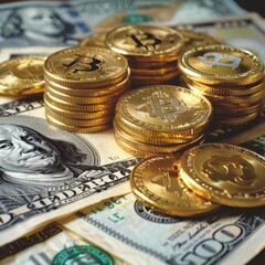 Stack of gold Bitcoin cryptocurrency coins on US dollar bills, symbolizing digital currency investment and financial growth.