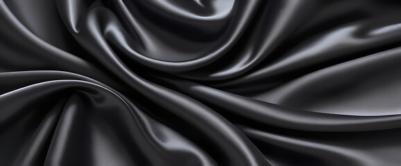 Wall Mural - Black silk background with dark luxurious fabric draped texture folds in waves of flowing soft pattern, abstract satin or velvet cloth in luxury material design. ai