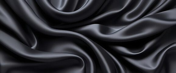 Black silk background with dark luxurious fabric draped texture folds in waves of flowing soft pattern, abstract satin or velvet cloth in luxury material design. ai