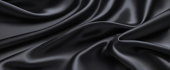 Wall Mural - Black silk background with dark luxurious fabric draped texture folds in waves of flowing soft pattern, abstract satin or velvet cloth in luxury material design. ai