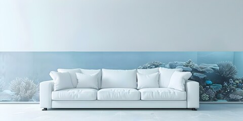 Wall Mural - Modern Living Room Decor White Sofa Facing Large Fish Tank. Concept Home Decor, White Sofa, Fish Tank, Modern Living Room, Interior Design