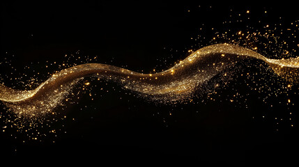 Wall Mural - A stream of golden glitter appeared on the black background. The glitter fell in a way that looked like it was blown by the wind. The scene was quirky and fun.