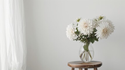 Poster - White dahlia bouquet in glass vase on wooden vintage stool against white wall