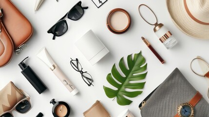 Essentials for a relaxing summer vacation, arranged on a white background