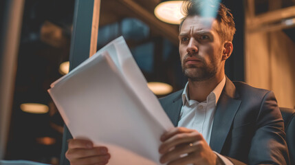Poster - portrait of a businessman looking at business documents sitting in modern office, business contract for a future project 