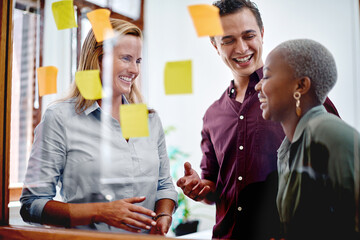 Poster - Business people, meeting and glass wall with sticky note for brainstorming, startup ideas and reminder in office. Employee group, moodboard and notes for planning project, development and teamwork