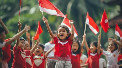 Children wave flags during a celebration